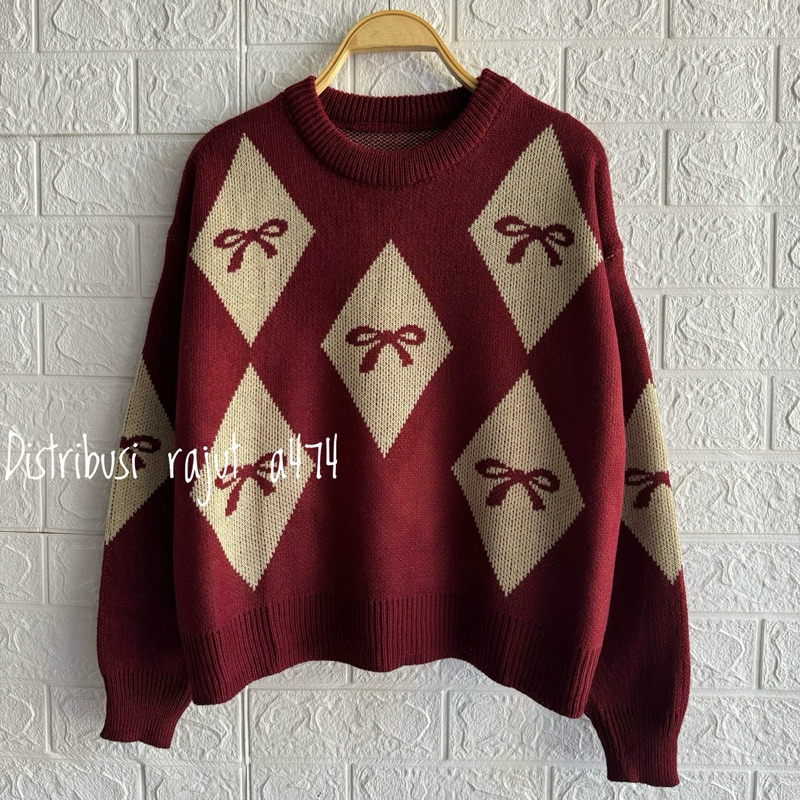 EVELYN ATASAN KNITS CROP SWEATER RAJUT MOTIF PITA KETUPAT WANITA PREMIUM