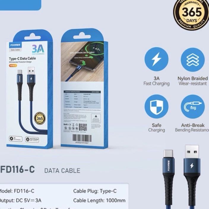 TERBAIK Foomee FD116C Cable Type C Fast Charging 3A Nylon FD116C