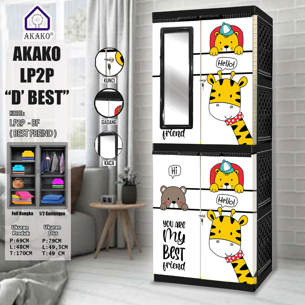 AKAKO - Lemari pakaian plastik 2 pintu karakter kaca cermin (DROP ONLY)