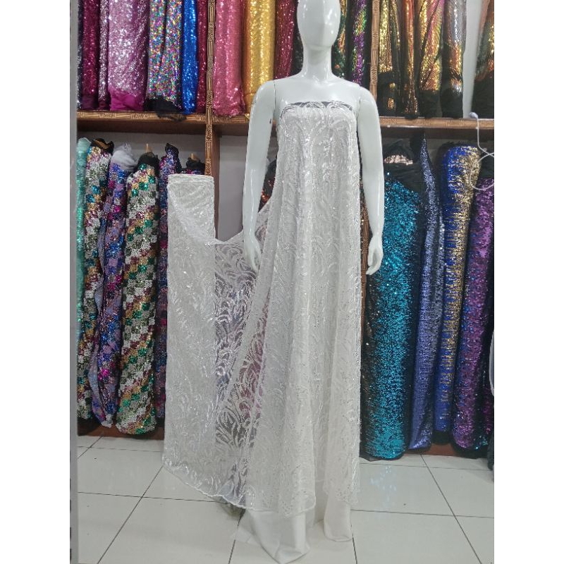 BAHAN/KAIN TILLE BORDIR FULL PAYET/KAIN KEBAYA AKAD PUTIH