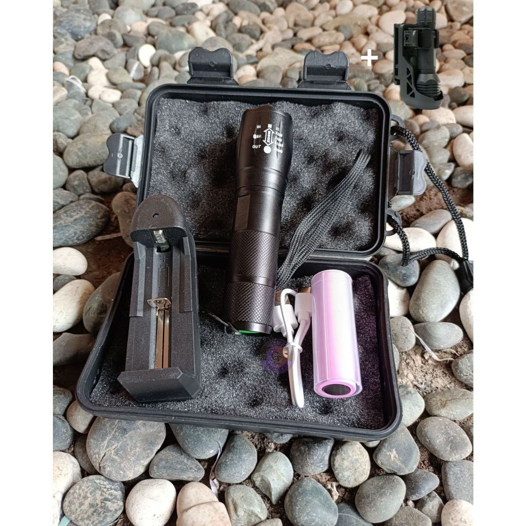 Senter Charger Komplit T6 Tactical XML 8000Lumens / Senter XML T6 / Senter Box Hitam / Holster sente