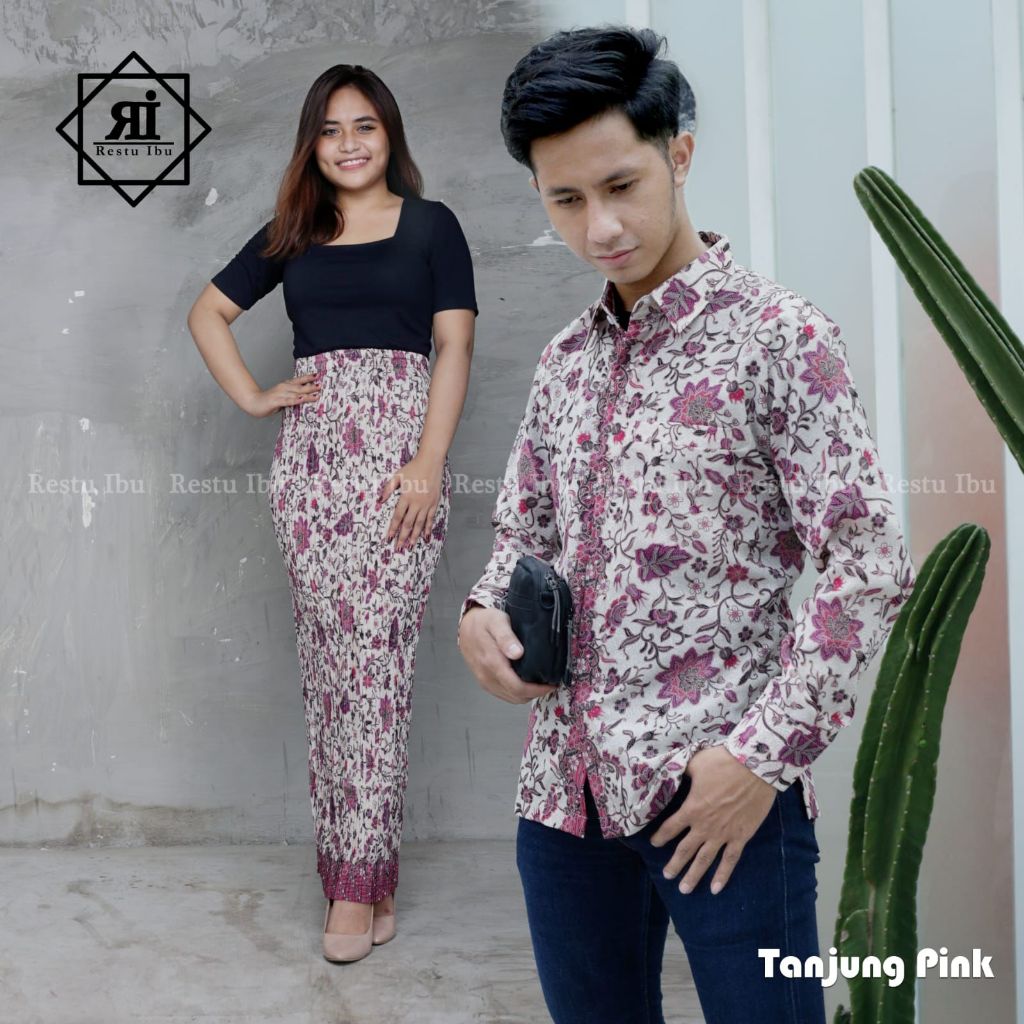 Couple Kemeja Batik Panjang Dan Rok Plisket Bawahan Kebaya Motif Tanjung Pink
