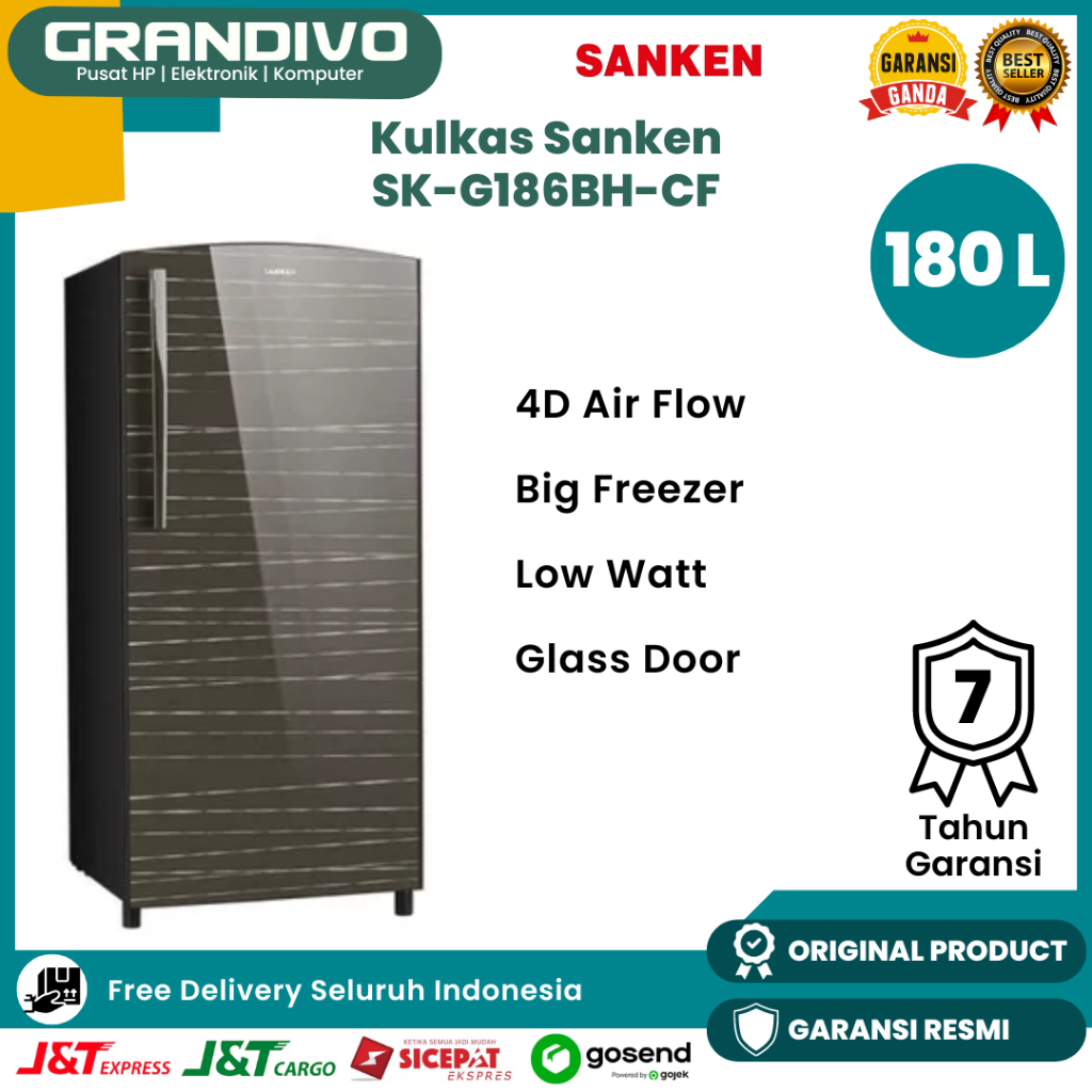Kulkas Sanken 180 Liter SK-G186BH-CF Kulkas 1 Pintu Glass Door Low Watt Big Freezer - Grandivo