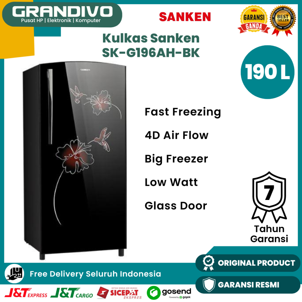 Kulkas Sanken 190 Liter SK-G196AH-BK Kulkas 1 Pintu Glass Door Low Watt Big Freezer Fast Freezing - 