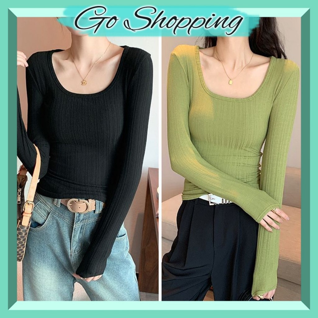 GOBJ1608 Pakaian Wanita Baju Atasan Lengan Panjang Inner Knit Rib Longsleve Squere Neck