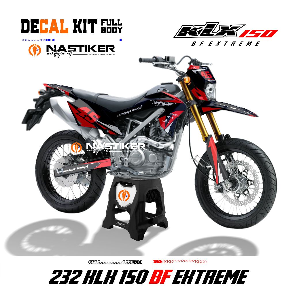 Decal Klx Hitam Merah Kombinasi Crom Satin Bisa Ubah Nomor, Stiker Sticker Klx Bf Extreme