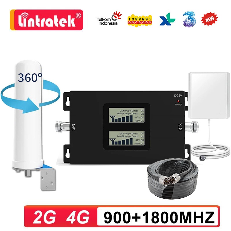Lintratek Repeater Penguat Sinyal HP Dual Band 900 1800Mhz 2G 4G Modem Omni Antena Kabel Full Set