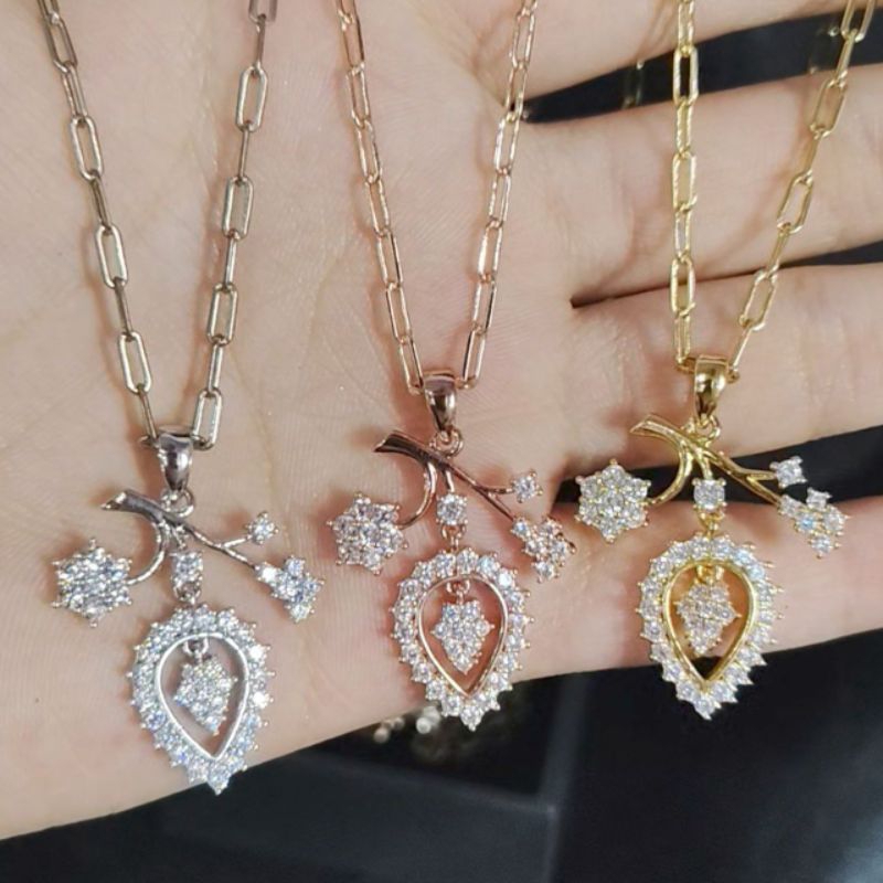 Xuping88 Kalung Dan Liontin Motif Daun Ranting Full Mata Titanium Bronze Lapis Emas Anti Karat