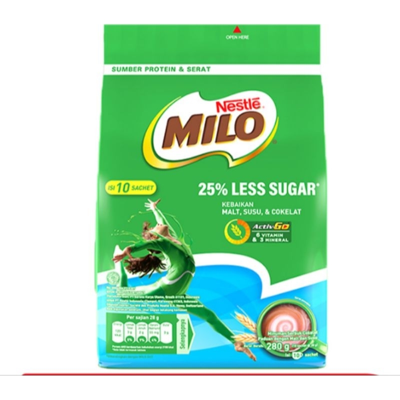 

Milo Less Sugar Pouch Bag 10 sachet x 28 gram susu bubuk rasa cokelat rendah gula