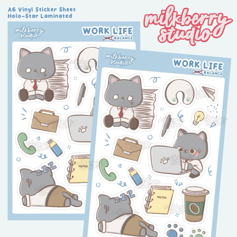 

[milkberry studio] Work Life not Balance Hologram Vinyl Cute Deco Sticker Sheet / Stiker Dekorasi Vinil Lembaran Lucu Waterproof Anti Air