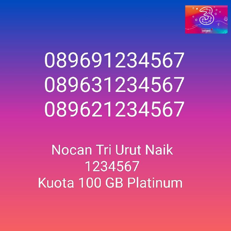 Nomor Cantik Nocan Urut 1234567 Kartu Perdana Tri Three 4G LTE Kuota 100GB Prabayar Platinum