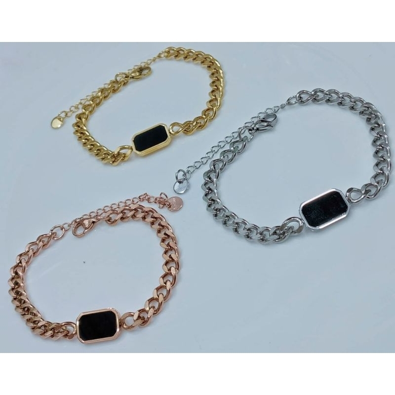 Gelang Tangan Wanita Titanium Model Sisik Naga Plat Batu Hitam