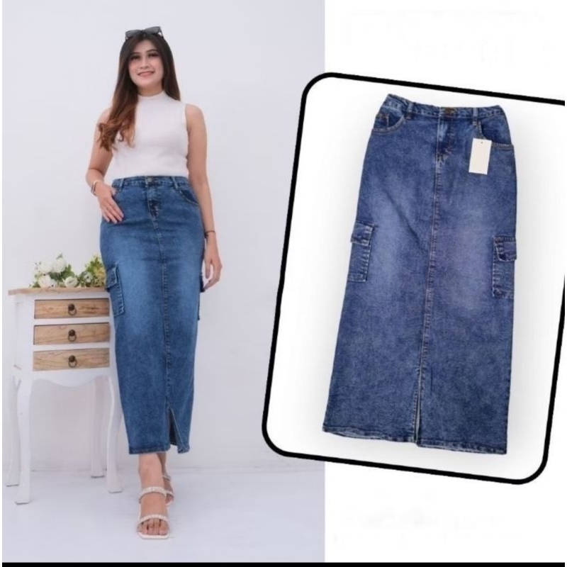 ROK CARGO JEANS WANITA PREMIUM SKIRT/ROK CARGO PANJANG /ROK JEANS CARGO WANITA PANJANG