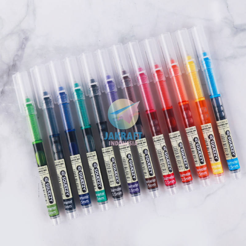 

(12 Pcs) Gel Pen Set 12 Warna Warni Ujung Tajam SQUEEZY GLP-SQ900-12 Big Fill Pulpen Ballpoint 0.5 mm Needle Tip Anti Air & Macet