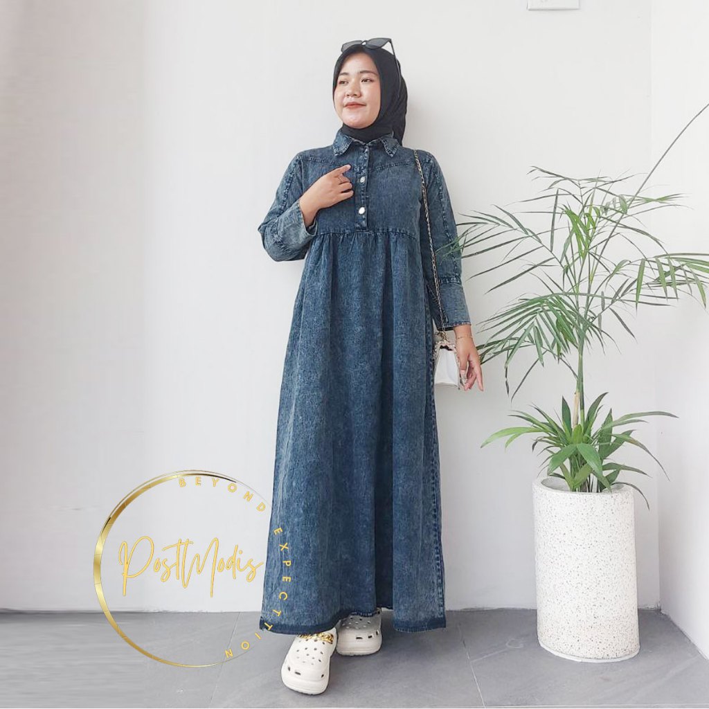 SYAHRINI GAMIS JEANS DRESS BAJU WANITA MUSLIM MODERN KEKINIAN TERBARU KONDANGAN LEBARAN REMAJA RSS