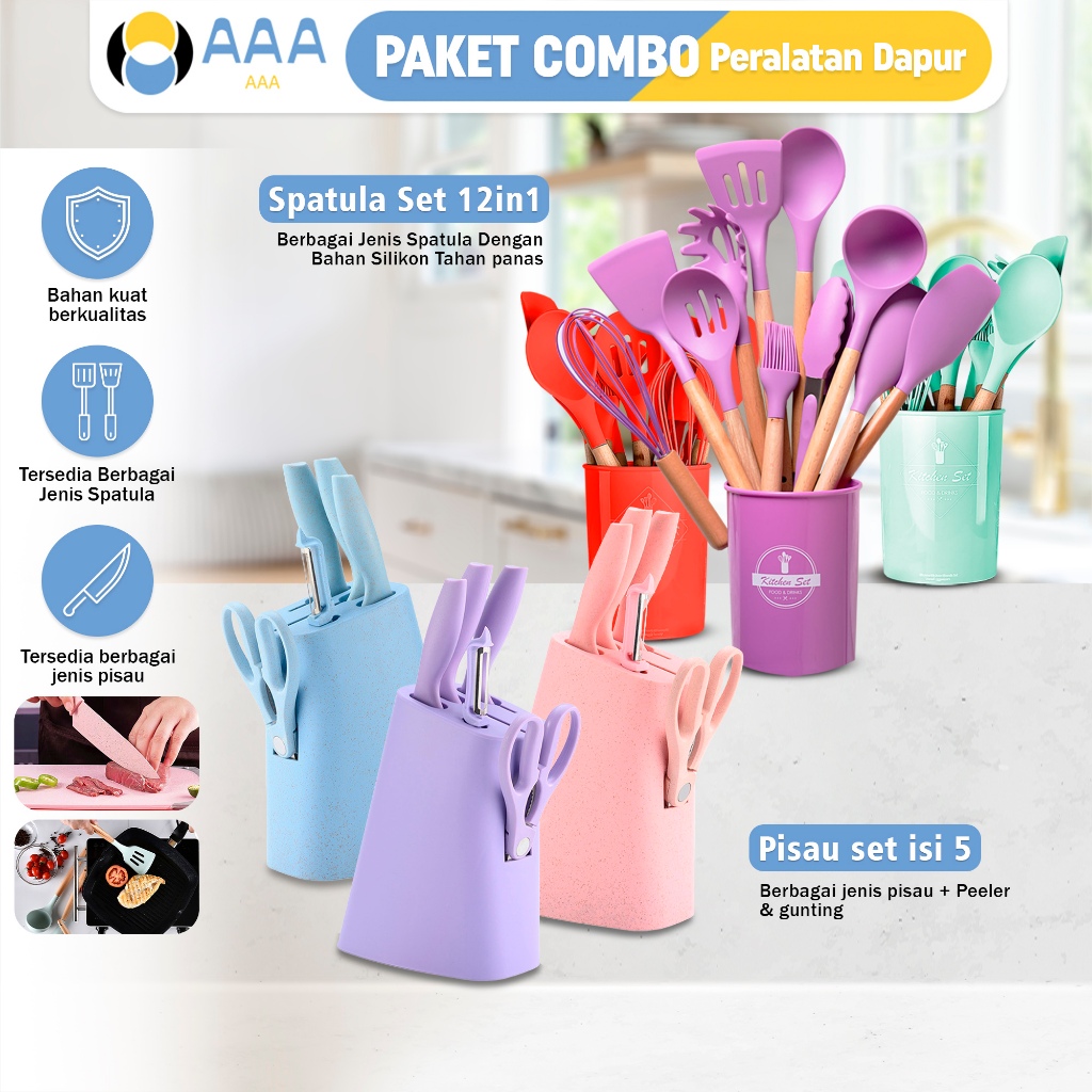 (AAA) PAKET COMBO 17in1 Spatula Silicone Set 11pcs Pegangan Kayu+Kitchen Knife Set 6in1 Dengan Wadah