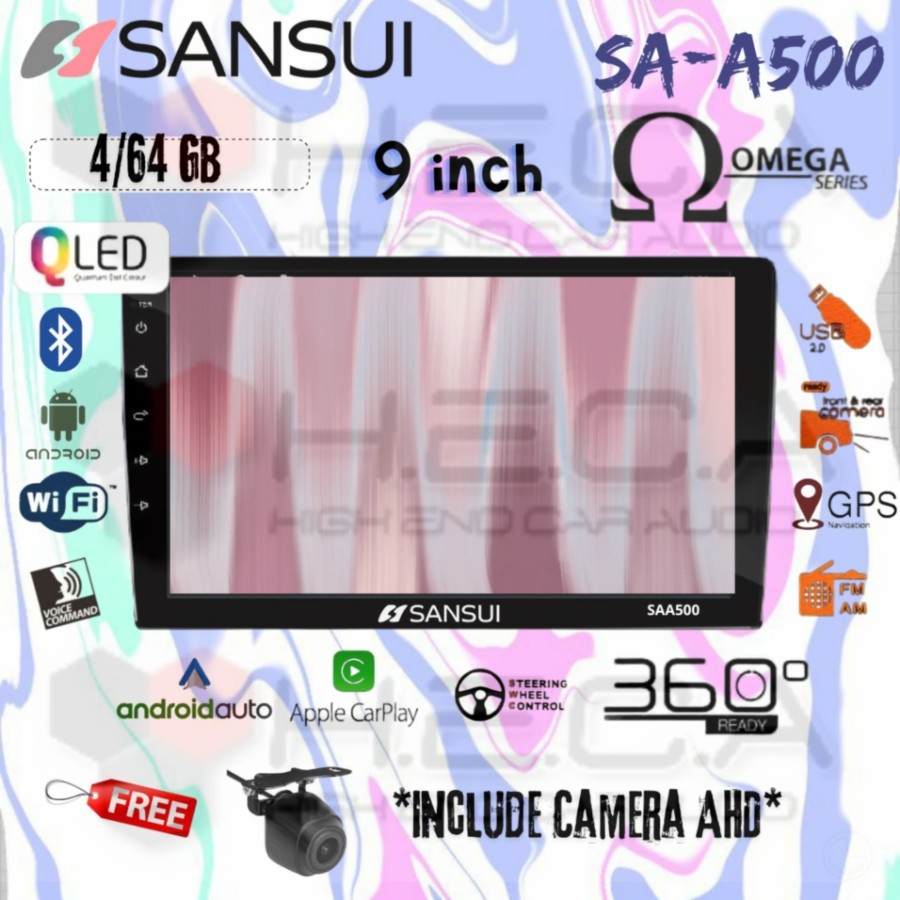 SANSUI SAA500 OMEGA QLED 4/64 GB Android 9" Inch SA-A500 Head Unit Tape TV Mobil Double din 2Din + C