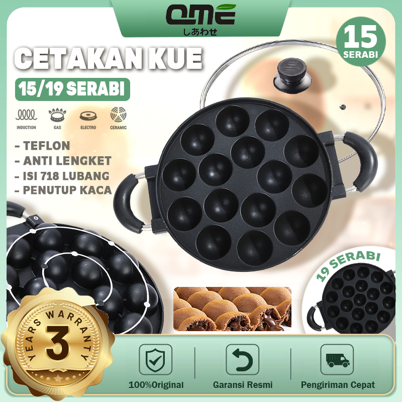 QME Cetakan Kue 15/19 Lubang Cekung Takoyaki Dengan Tutup Kac/Cetakan Takoyaki Perkedel Mini Anti Le