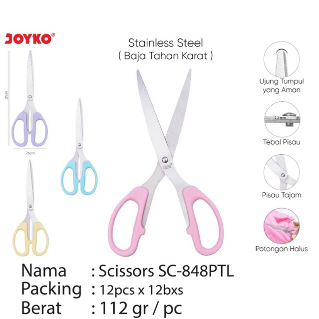 

SC848PTL Gunting Stainless Steel Pegangan Karet Lembut Warna Pastel / Soft Grip Stainles Steel Scissors Joyko Sc-848 PTL panjang 21 cm