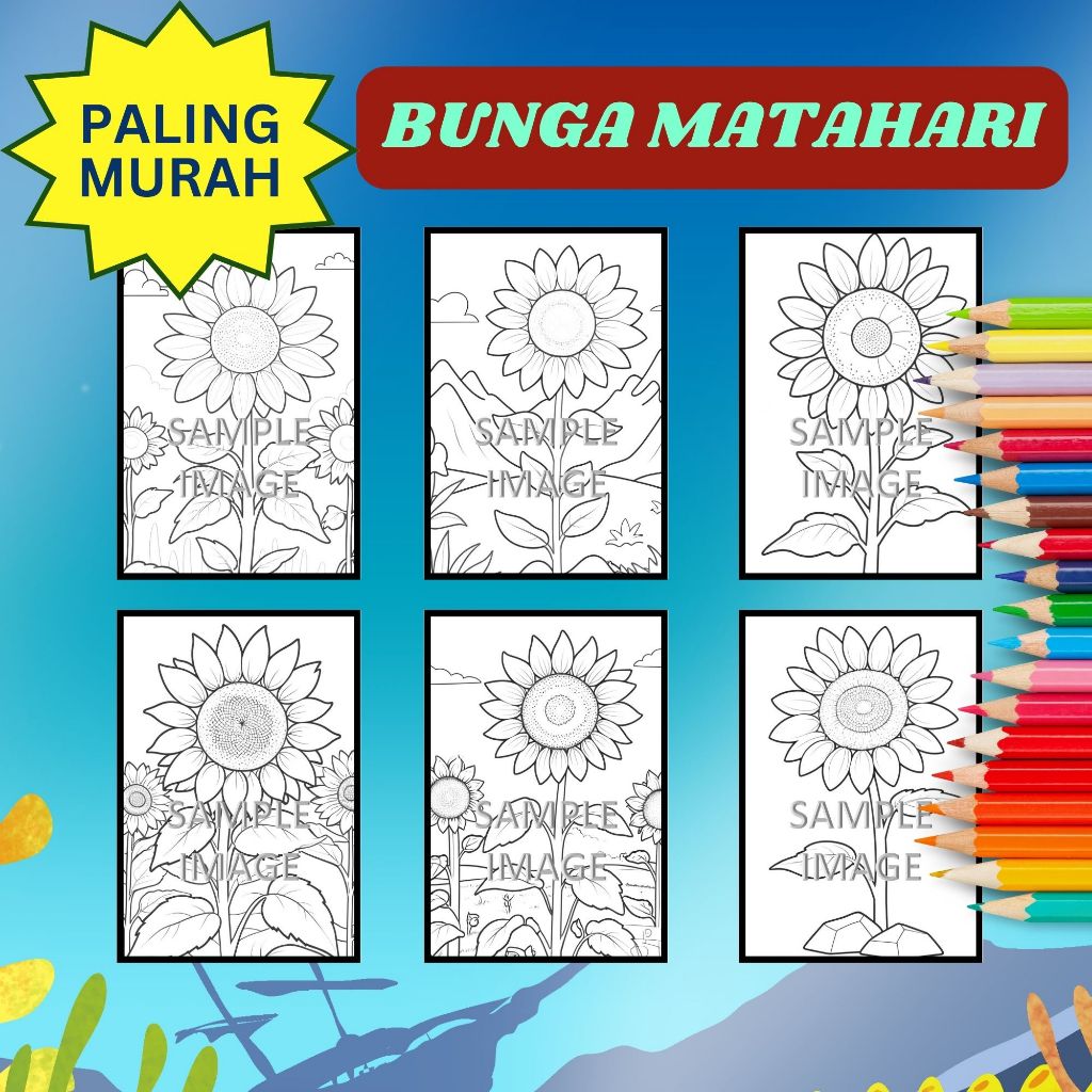 Kertas Mewarnai Ukuran A5 / Bunga Matahari / GAMBAR MEWARNAI / COLORING BOOK / Untuk SD TK PAUD
