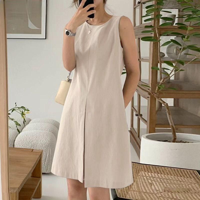 terlaris ezola midi maxy dress wanita basic korea tanpa lengan matt linen premium ootd fashion