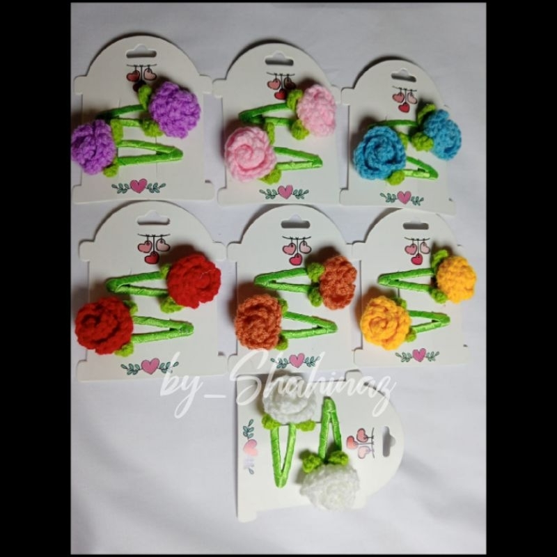 Crochet Hair Clips Rose Mini Flowers Jepit Rambut Bunga Mawar Kecil Set Handmade