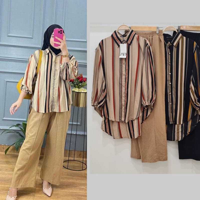 One Set Wanita Salur | Kemeja Kancing Mode Salur | One Set Wanita Kekinian | Setcel Wanita Import Pr