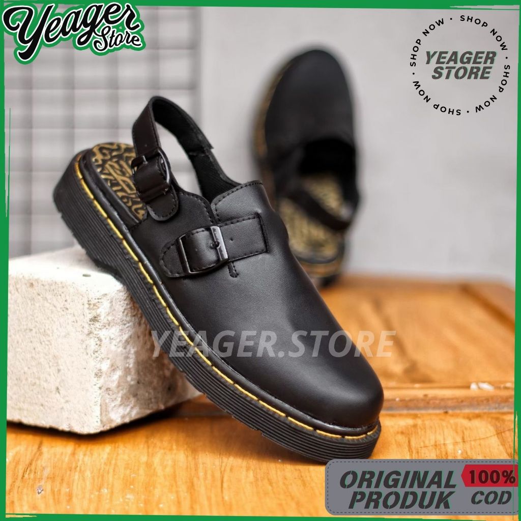 YEAGER - Sepatu Sandal Slop Kulit Hitam Bustong Pria Casual