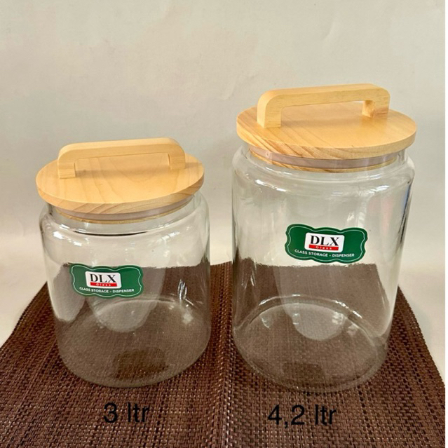 Toples Kaca Bulat Canister Tutup Kayu Kedap Udara 3 Liter 4,2 Liter