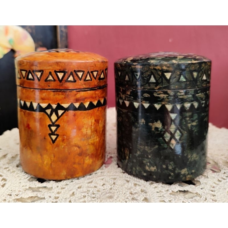 Tabung Kuno Kayu Marquetry Eropa lukisan tangan kulit mutiara T:11cm HARGA SATUAN