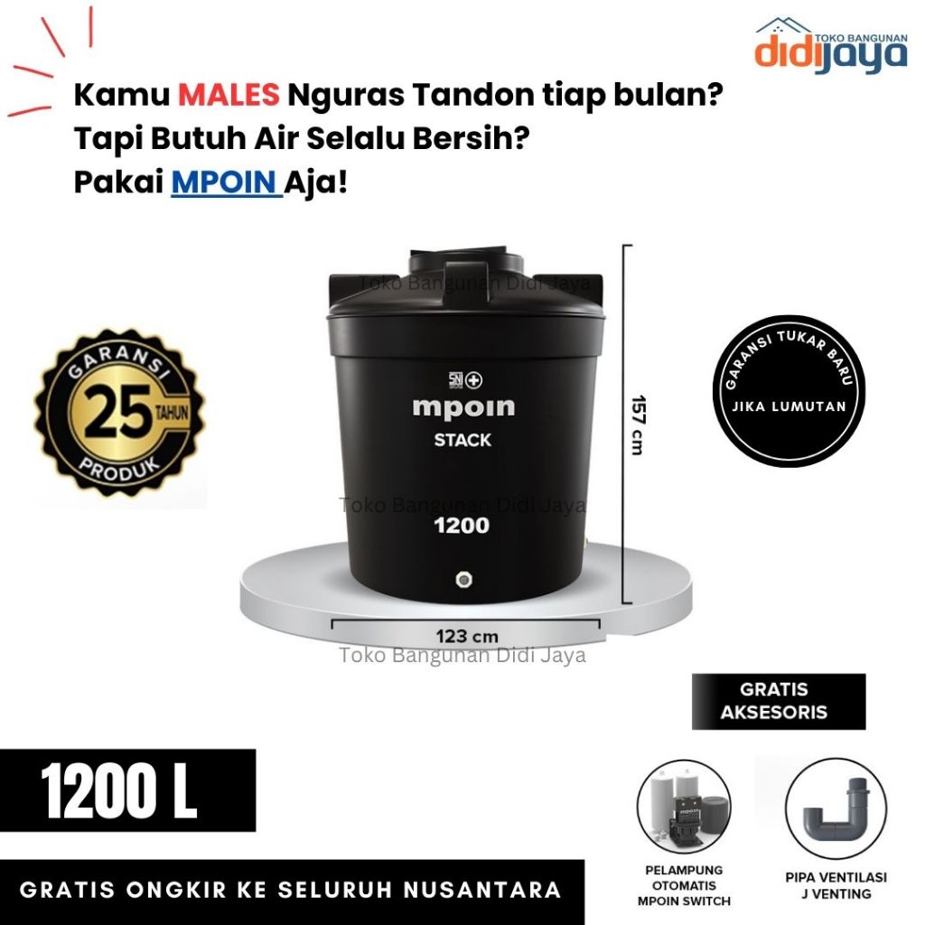Toren Tandon Air MPOIN Stack 1200 Anti Bakteri | Tandon Air Anti Lumut | Garansi 25 Tahun