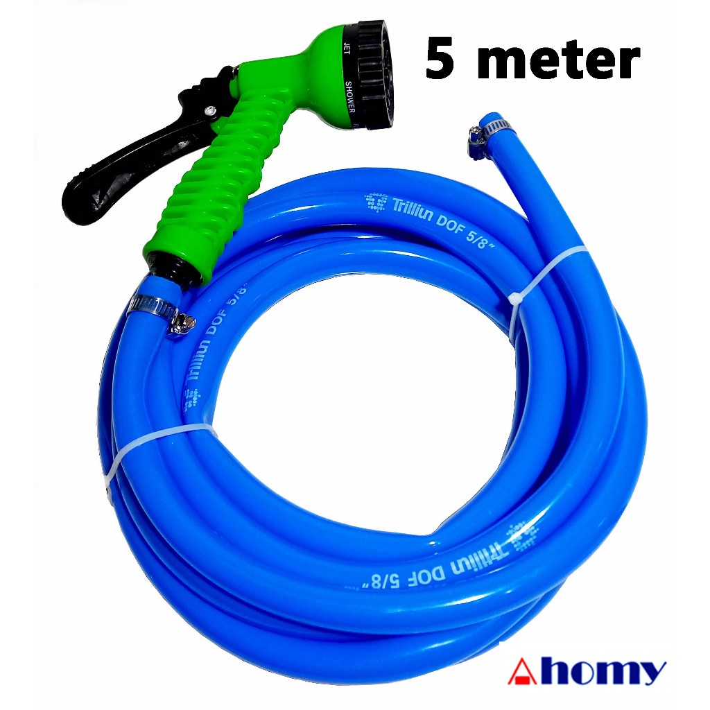 1 set 5m selang dof 5/8” trilliun, semprotan taman 7 multisprayer jt42 & 2pcs klem selang 5/8”