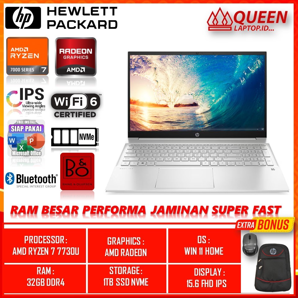 LAPTOP GAMING MURAH HP PAVILION 15 AMD RYZEN 7 7730U RAM 32GB 1TB SSD WIN11 15.6 FHD IPS TERMURAH