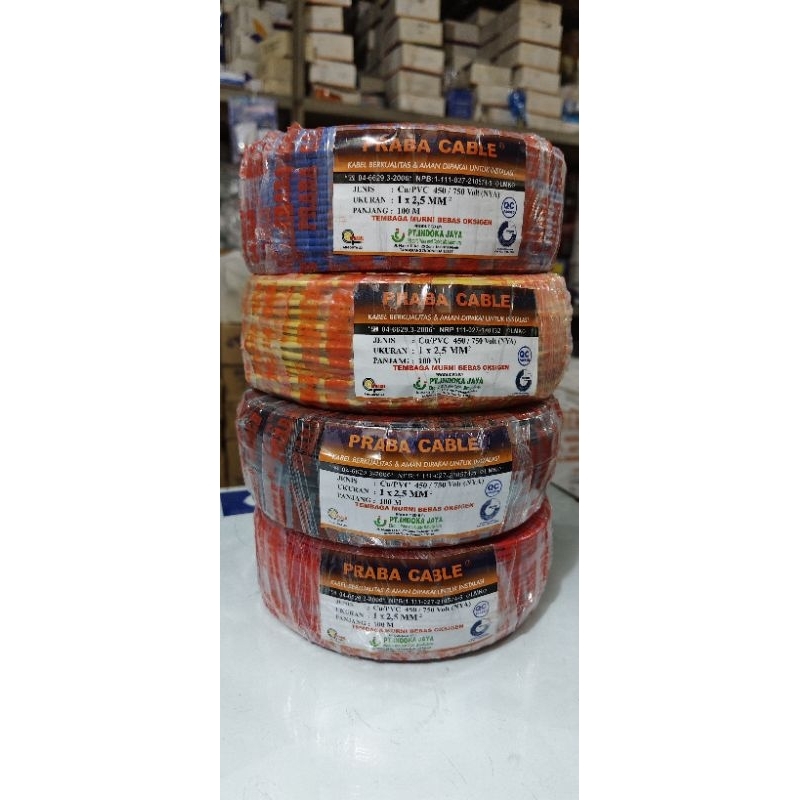 kabel praba listrik NYA tebal 1x2,5 mm praba tunggal 100 meter (merah. hitam. kuning. biru)