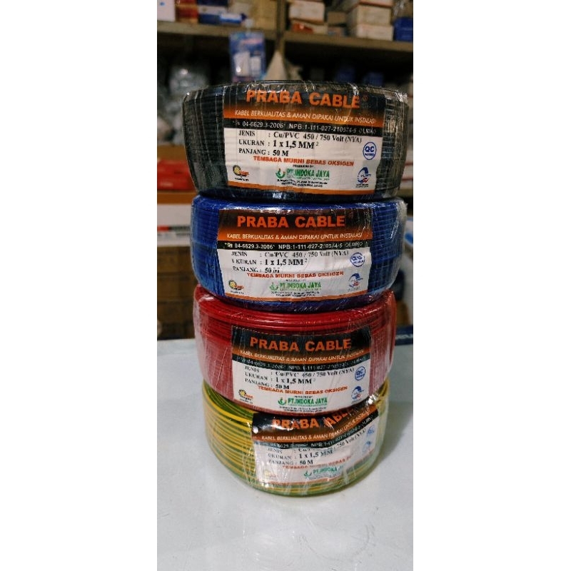 kabel praba listrik NYA tebal 1x1,5 mm praba tunggal 50 meter (merah. hitam. kuning. biru)