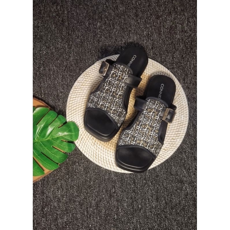 sandal platform wanita tali gesper motif rajut flat shoes kekinian