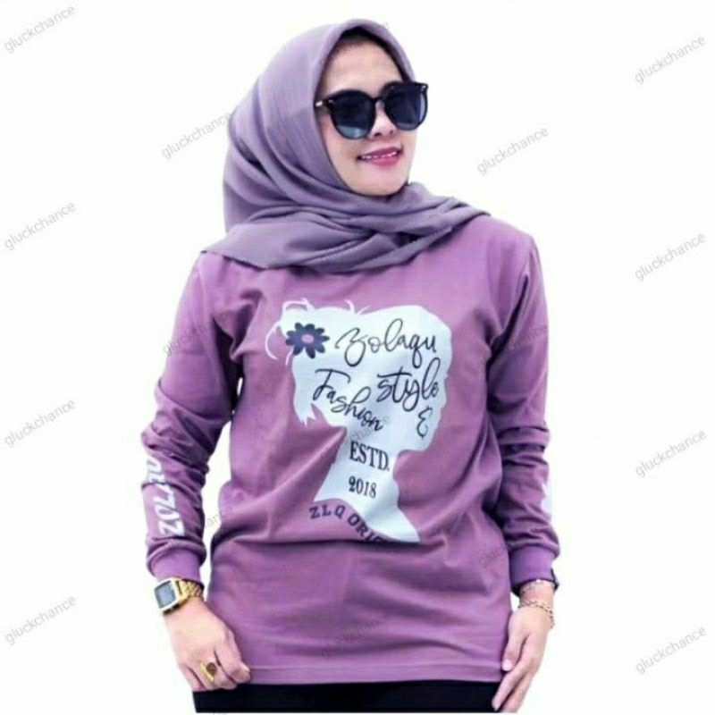 BAJU ATASAN KAOS DISTRO ZOLAQU POLOS TSHIRT UNGU TEBAL ZLQ WANITA LENGAN PANJANG KOMBINASI SETRIP BU