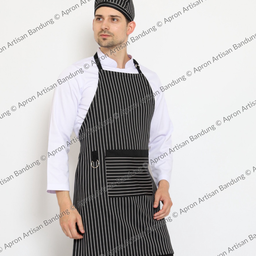Grosir Celemek Masak Apron Chef Full Tali Kalung Loreng Hitam Putih Ukuran All Size Untuk Koki Chef 