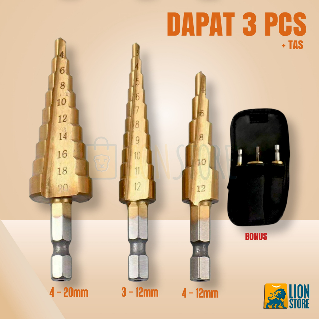 Shp1 Mata Bor 3 PCS Step Drill Dril HSS Mata Bor Besi Kerucut Pagoda Cone Drill Hole Saw Multi Set-