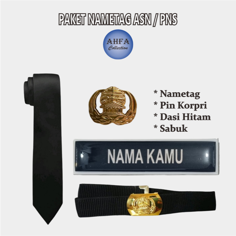 Paket lengkap Nametag ASN/PNS papan nama dada Lencana Korpri Kuningan (Sabuk Korpri, Dasi Hitam, Nam