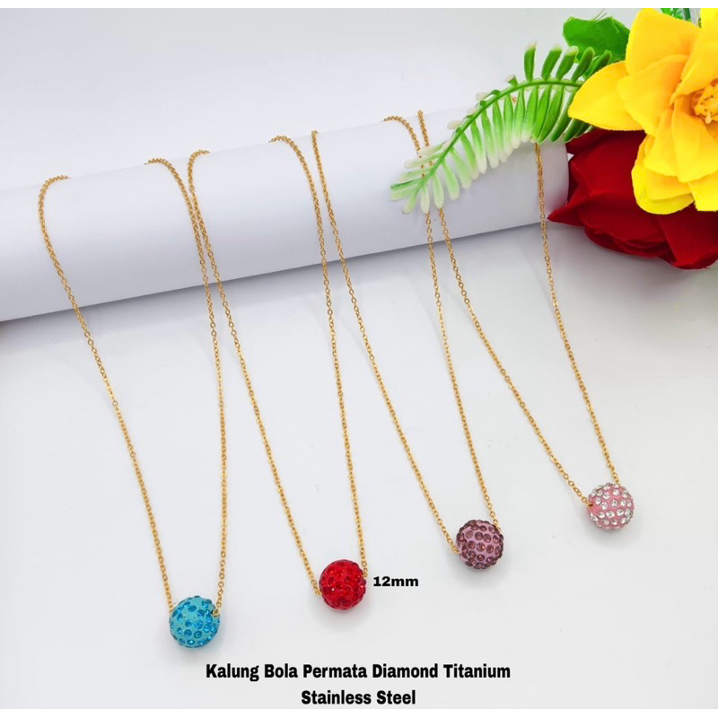 Kalung bola permata diamond 12mm titanium fashion wanita
