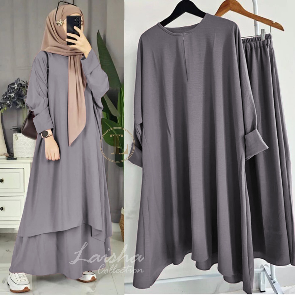 100% aman (bisa cod) laisha collection one set tunik malayu atasan + rok crinkle airflow jumbo /