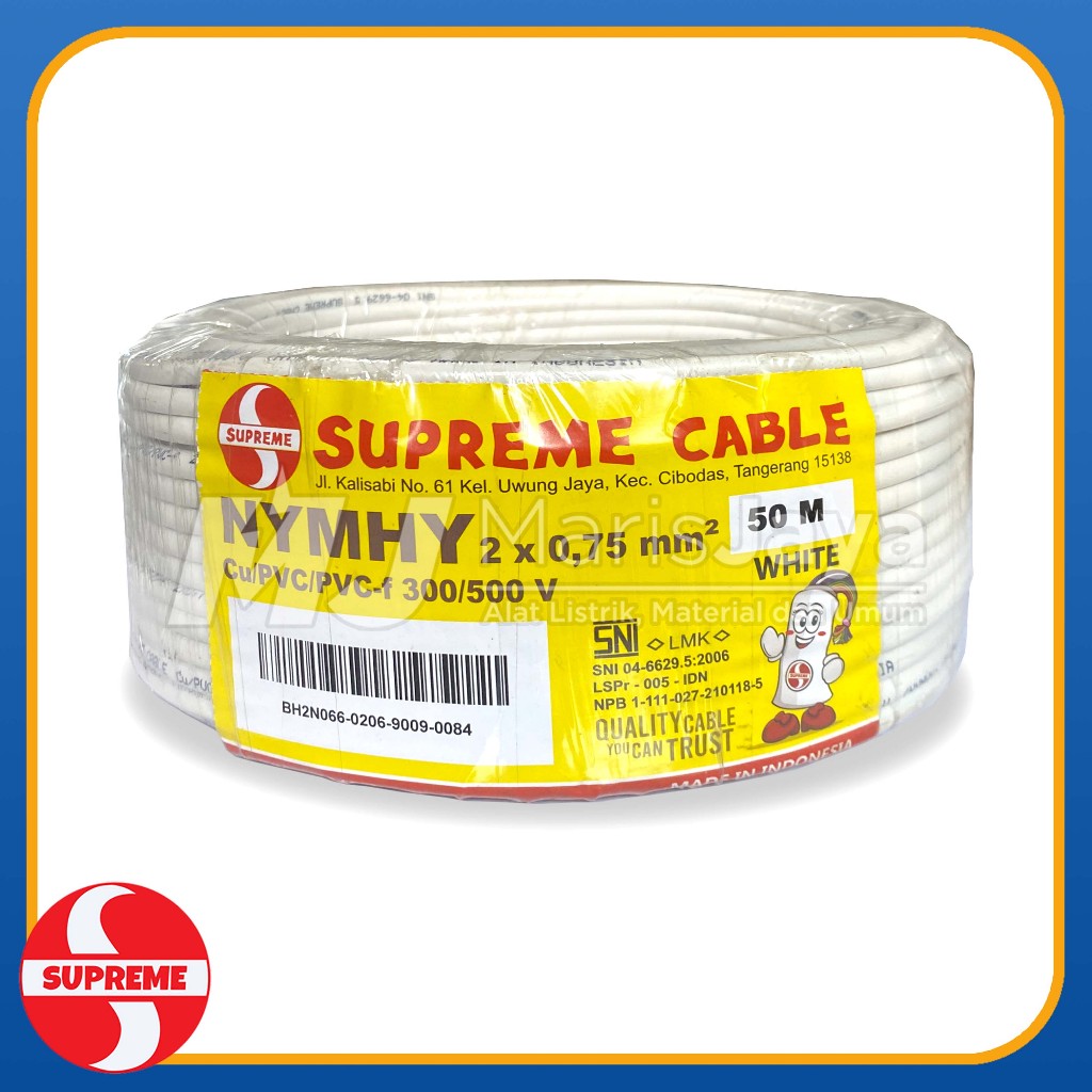 SUPREME Kabel Serabut NYMHY 2x0,75 2x0.75 mm² 50 meter PUTIH (PER ROLL)