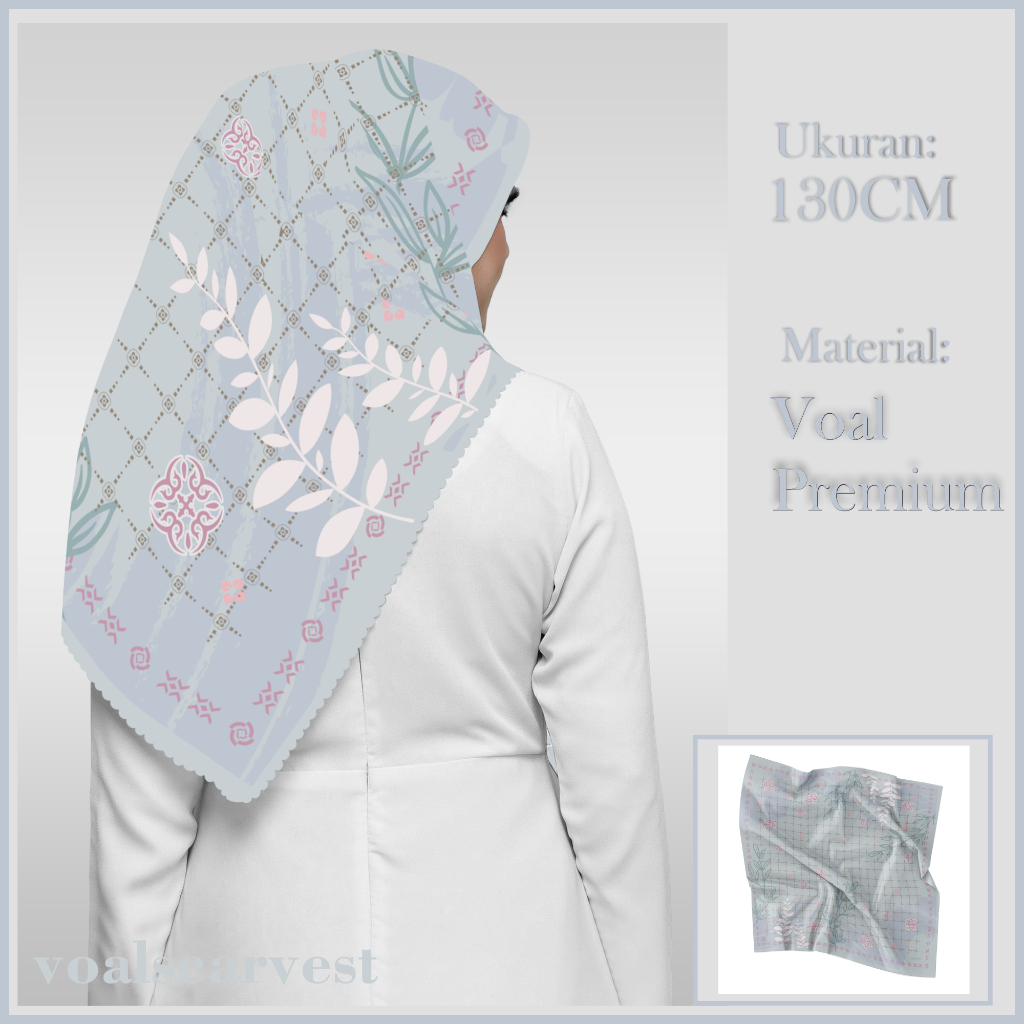 Jilbab Segi Empat Motif Syar'i 130x130 Voal  Premium Bunga Coolgrey Anaya VScarvest