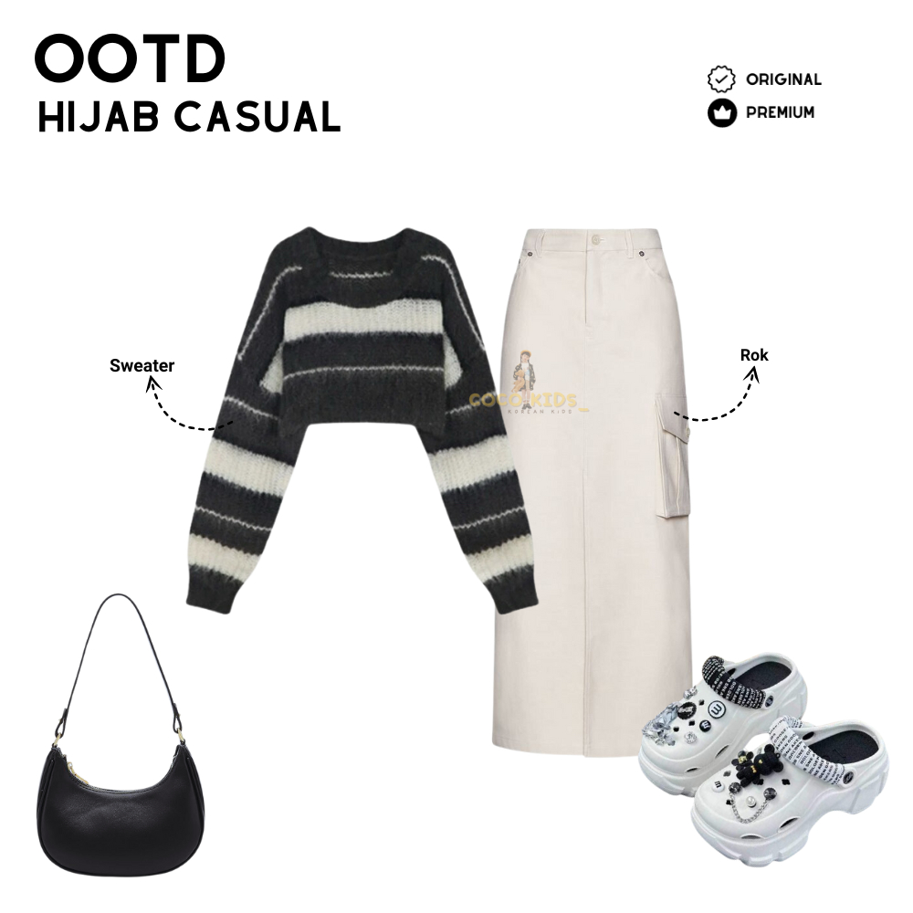 Coco Kids_ 2in1 One Set Wanita Kekinian Sweater Rajut + Rok Cargo Setelan Anak Perempuan Hijab Ootd 