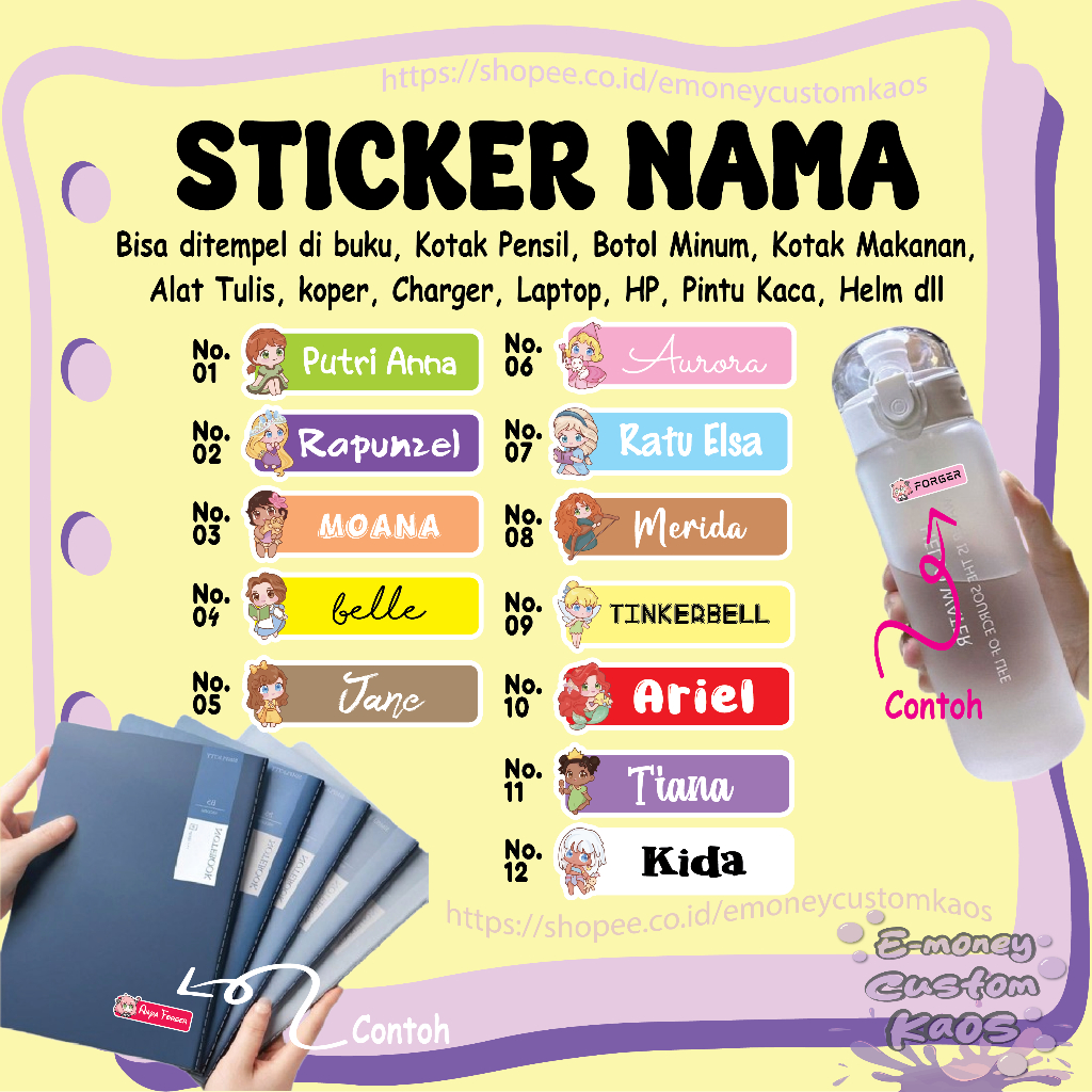 

STICKER LABEL NAMA PRINCES DISNEY FROZEN RAPUNZEL STIKER CUSTOM LEBEL PREMIUM MURAH LUCU BISA TEMPEL DI BUKU KOTAK PENSIL HELM BOTOL MINUM KOTAK MAKANAN ALAT TULIS KOPER LAPTOP HP PINTU KACA