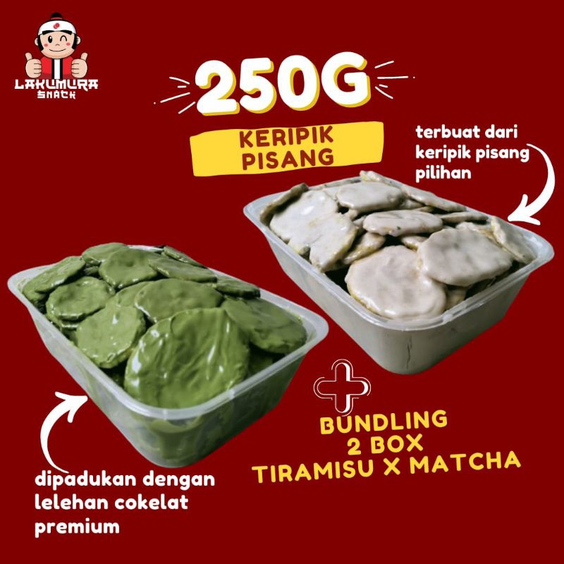 

Paket Bundling 2 Box MATCHA X TIRAMISU Keripik Pisang Coklat Lumer 250 Gram Banana Chips Food Cemilan