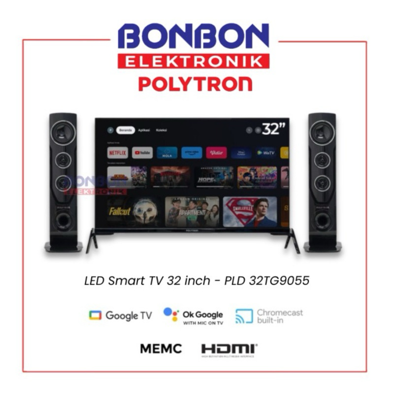 Polytron LED Smart TV 32 inch PLD 32TG9055 / Cinemax Google TV 32TG9055 Tower Speaker