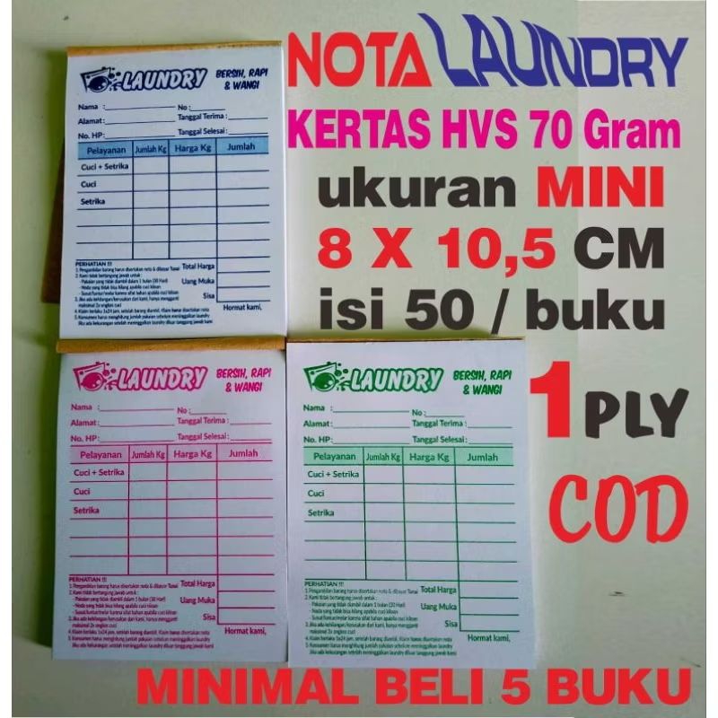 

nota laundry 1ply hvs70 gram ukuran mini ( 10,5 x 8 cm) isi 50/buku.minimal beli 5 buku