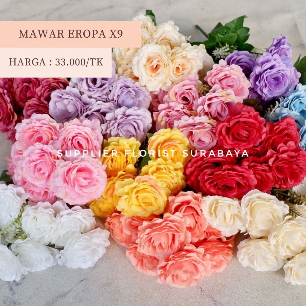 SFS - [MAWAR EROPA X9] 9 KEPALA BUNGA PALSU MAWAR ROSE ARTIFICIAL FLOWER DEKORASI MEJA TABLE DECORAT